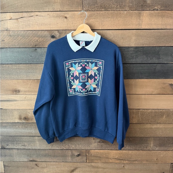 Vintage Jerzees Quilted Patchwork Sweatshirt Collared Pullover - Picture 2 of 8